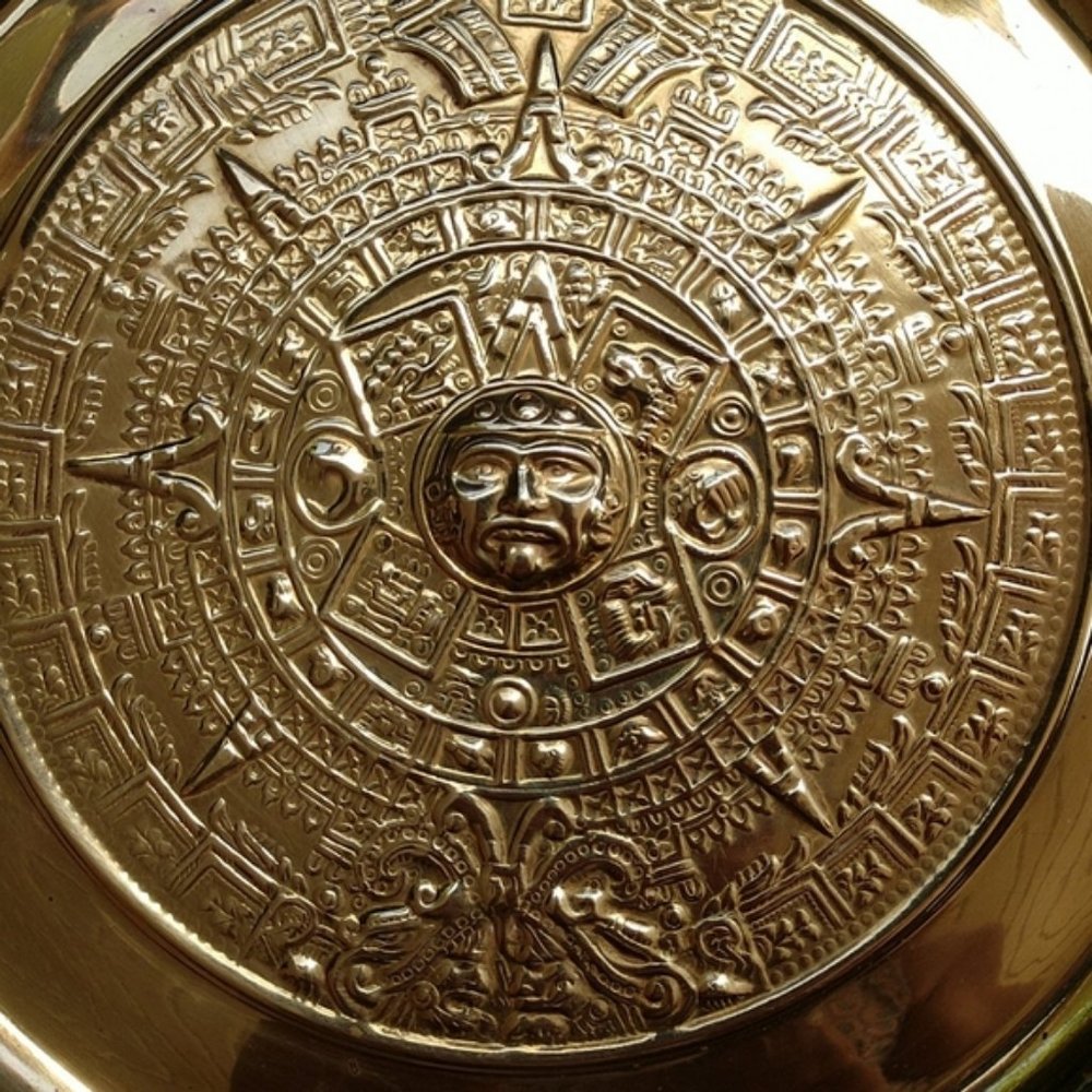 South American Mayan Aztec Vintage Calendar Abalone Shell Copper Wall Plate